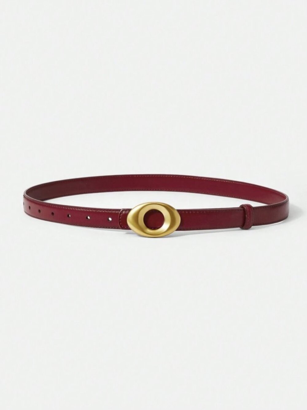 Burgundy Skinny Vegan Patent Leather Belt with Oval Gold Buckle